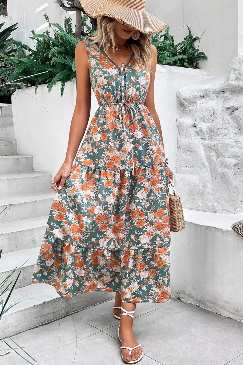 Green Floral Print Trimmed V Neck Tie Waist Sleeveless Dress - Love Salve